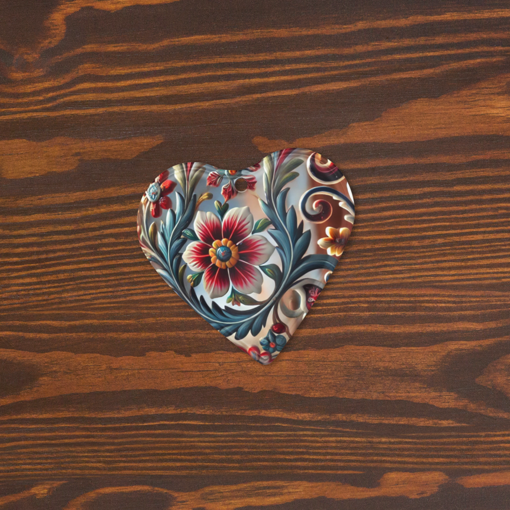 Heart-shaped Ukrainian style acrylic ornament with floral design on a wooden background