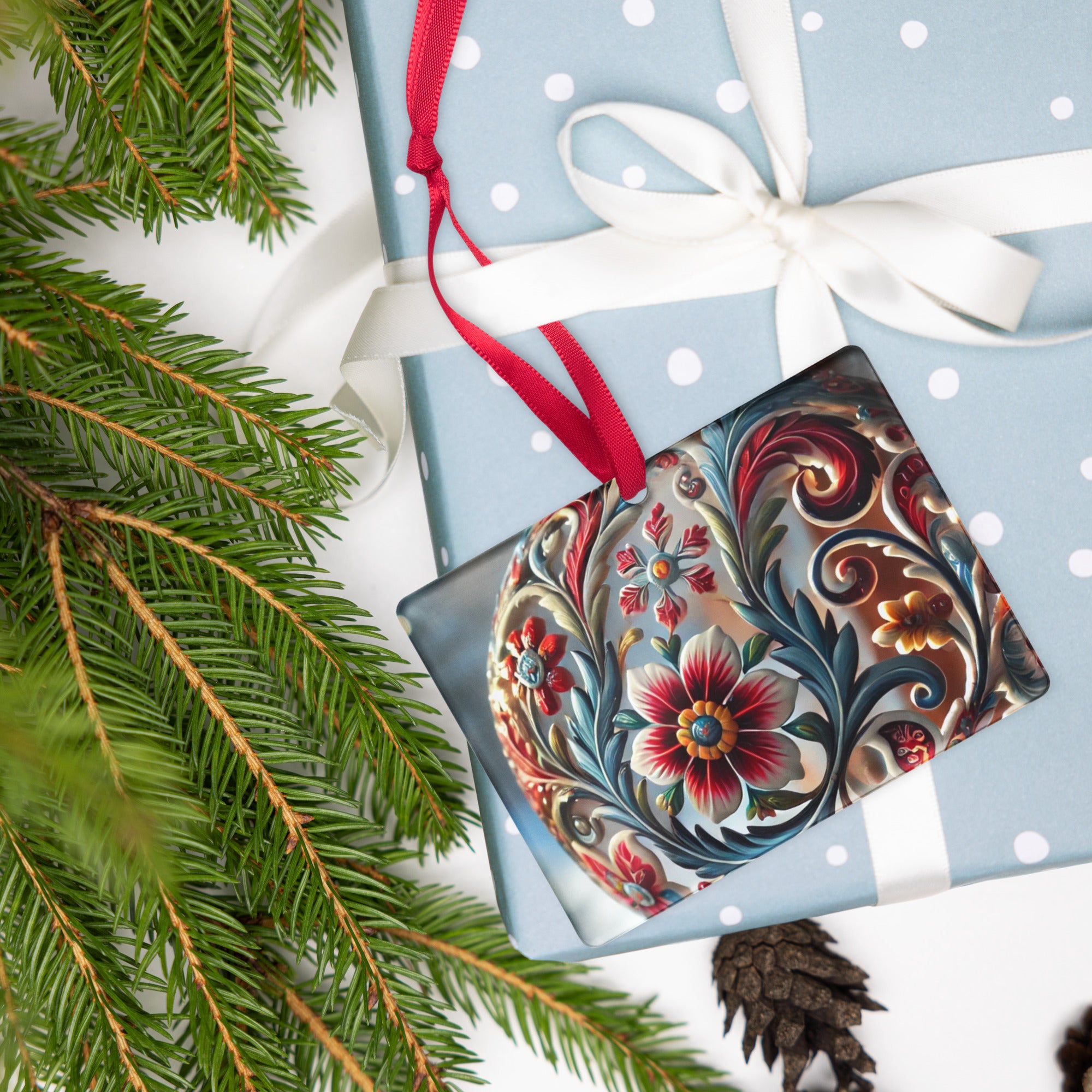 Ukrainian style acrylic ornament with floral design, displayed on a gift box with ribbon, surrounded by festive pine branches.