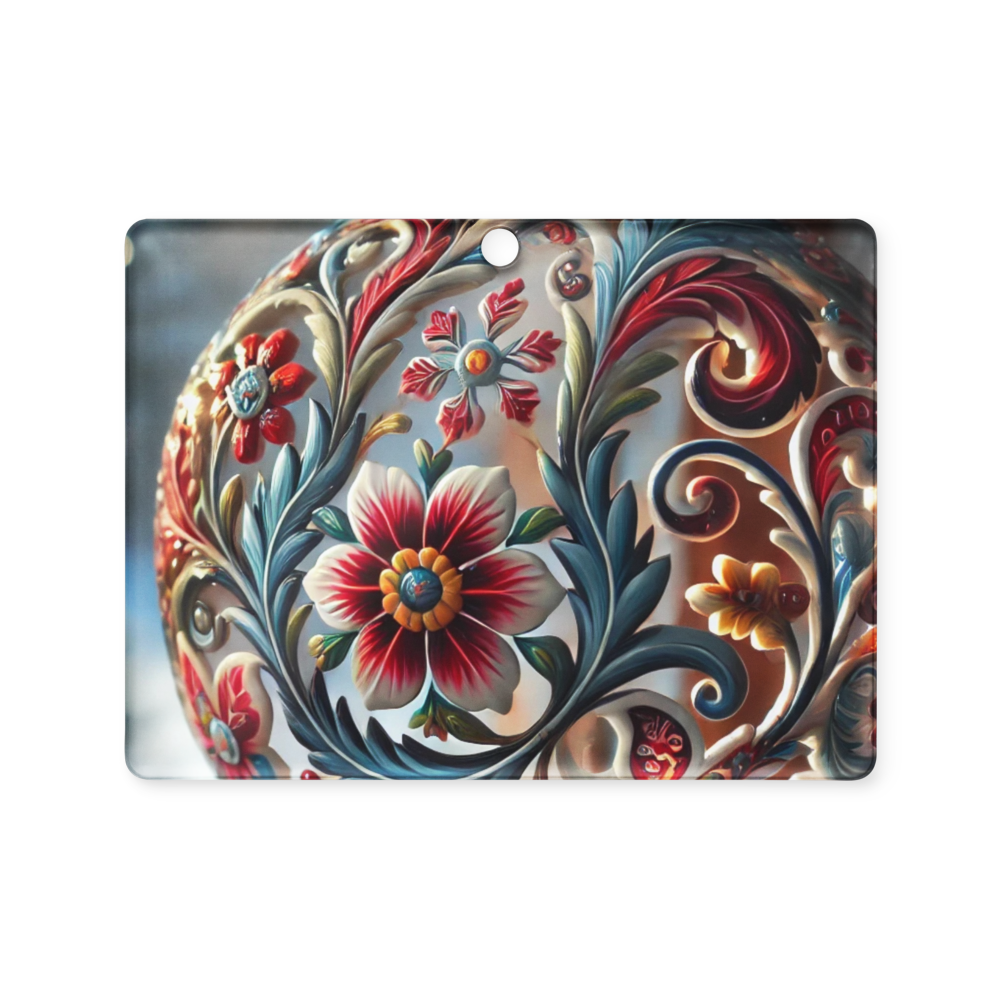 Colorful floral design on Ukrainian-style acrylic ornament, featuring intricate patterns and a glossy finish.
