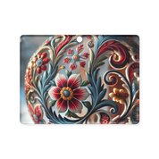 Colorful floral design on Ukrainian-style acrylic ornament, featuring intricate patterns and a glossy finish.