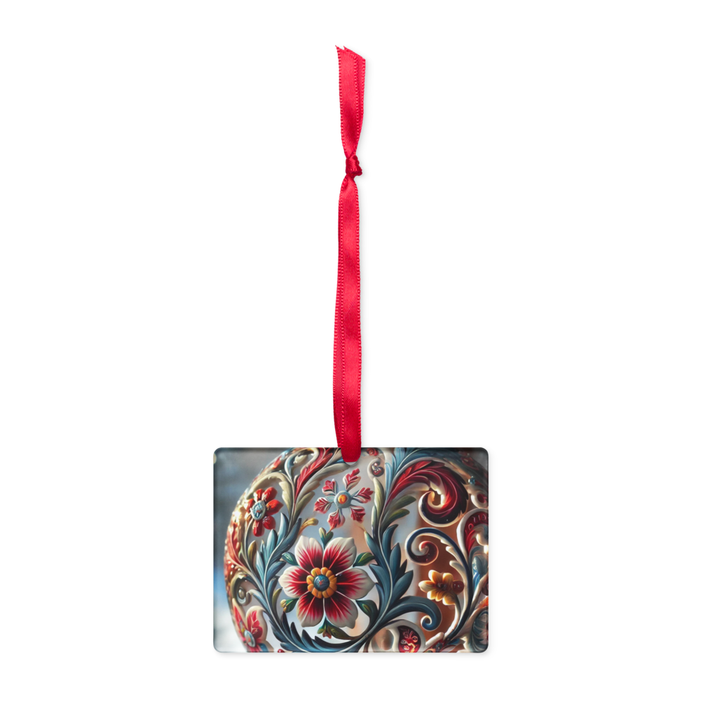 Ukrainian style acrylic ornament with floral design and red ribbon hanger