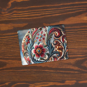 Ukrainian style acrylic ornament with floral pattern on wooden background