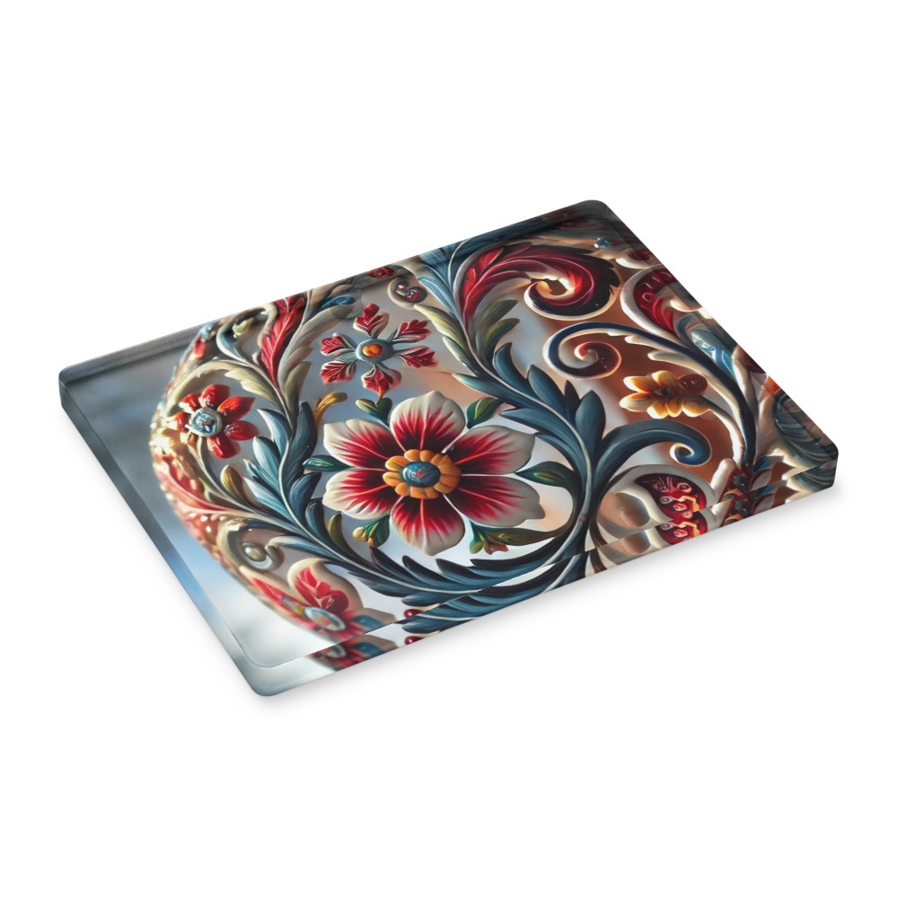 Decorative Ukrainian style acrylic ornament with intricate floral design on a glossy rectangular surface.