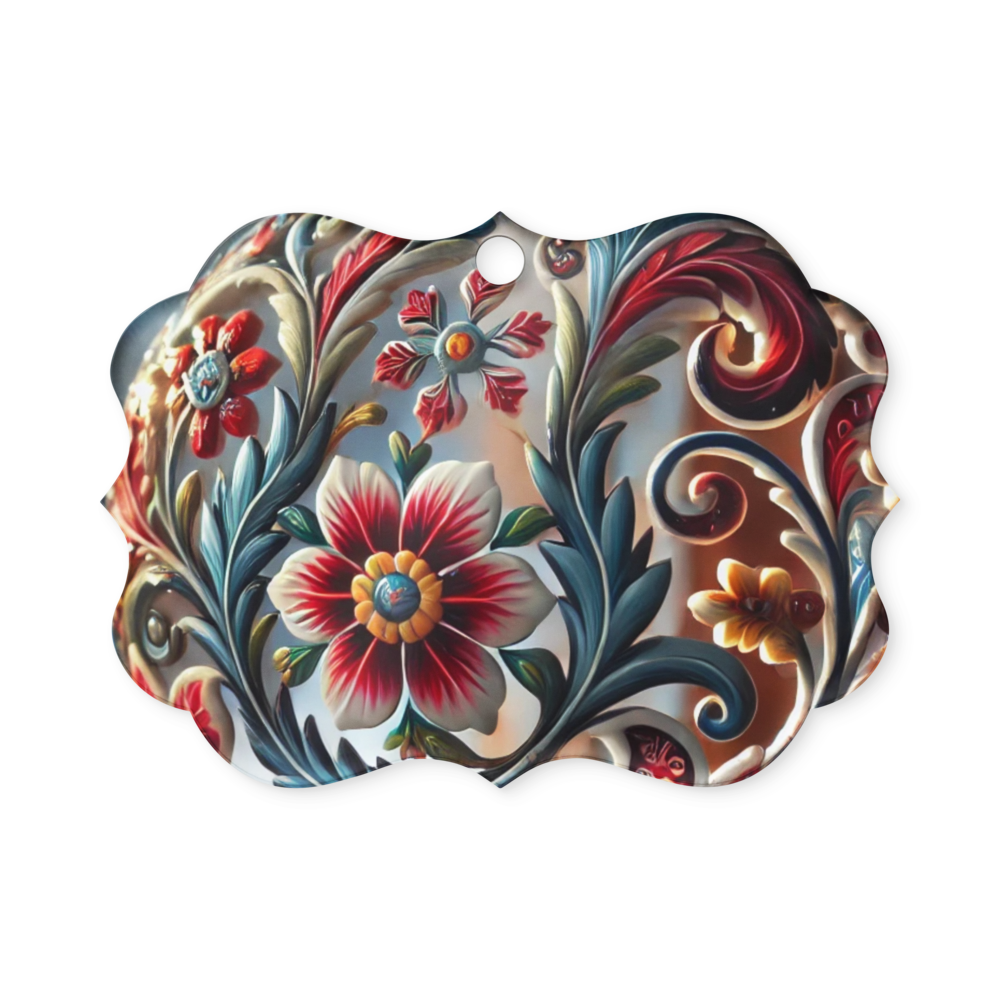 Ukrainian style acrylic ornament with floral design and scalloped edges, showcasing red, blue, and yellow flowers.