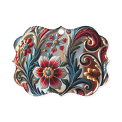 Ukrainian style acrylic ornament with floral design and scalloped edges, showcasing red, blue, and yellow flowers.