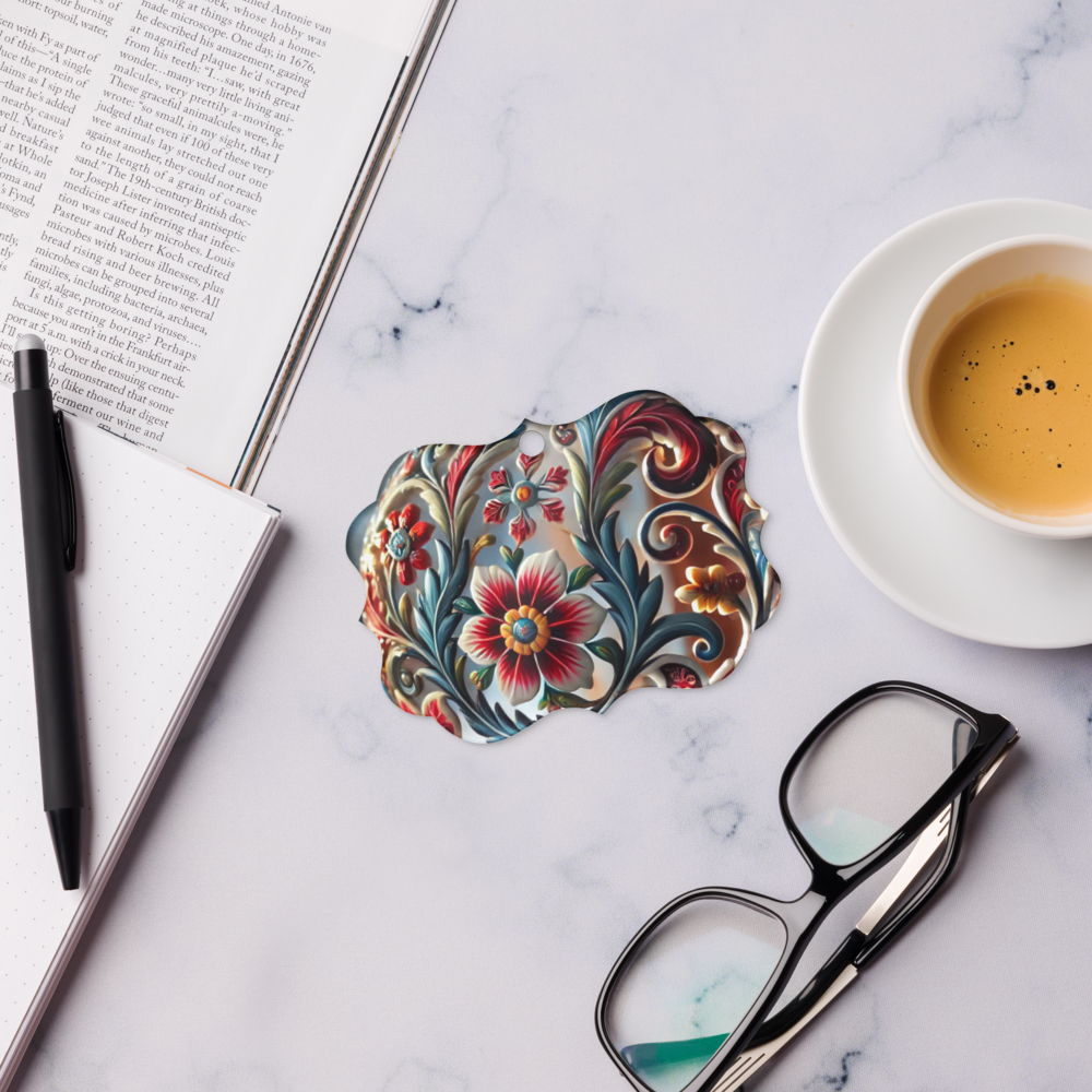 Ukrainian style scalloped acrylic ornament with floral design on a marble desk with coffee, glasses, and stationery.