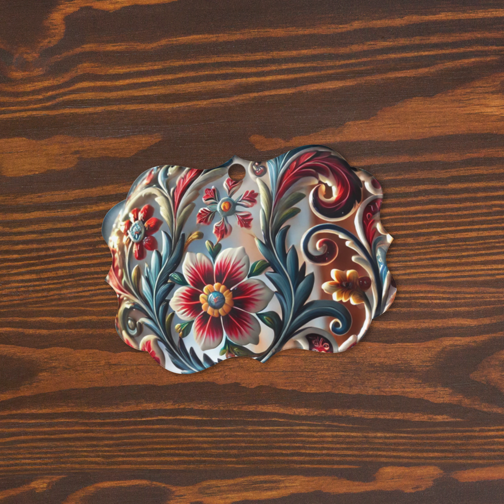 Scalloped Ukrainian style acrylic ornament with floral design on wood background