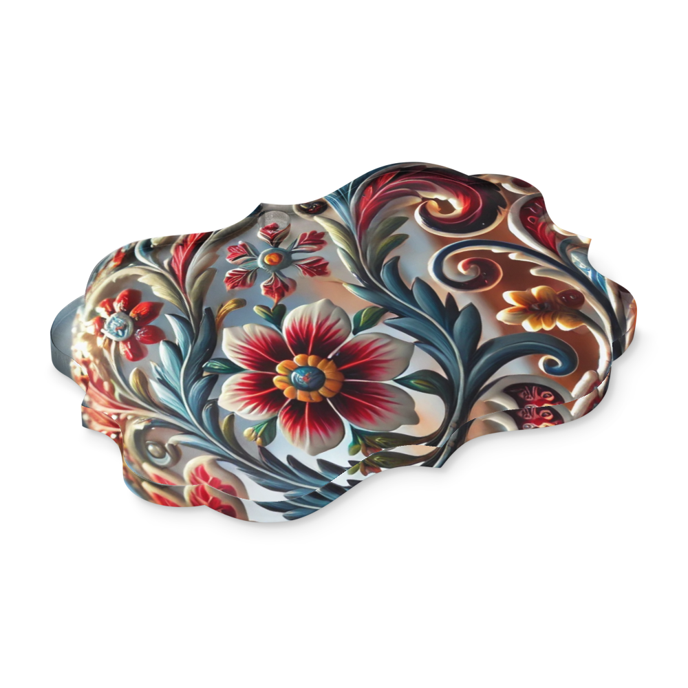 Scalloped Ukrainian style acrylic ornament with vibrant floral design and glossy finish