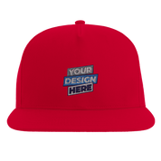 Red Yarven flat bill cap with custom design, high-profile five-panel cotton twill, adjustable snapback closure, and green undervisor.
