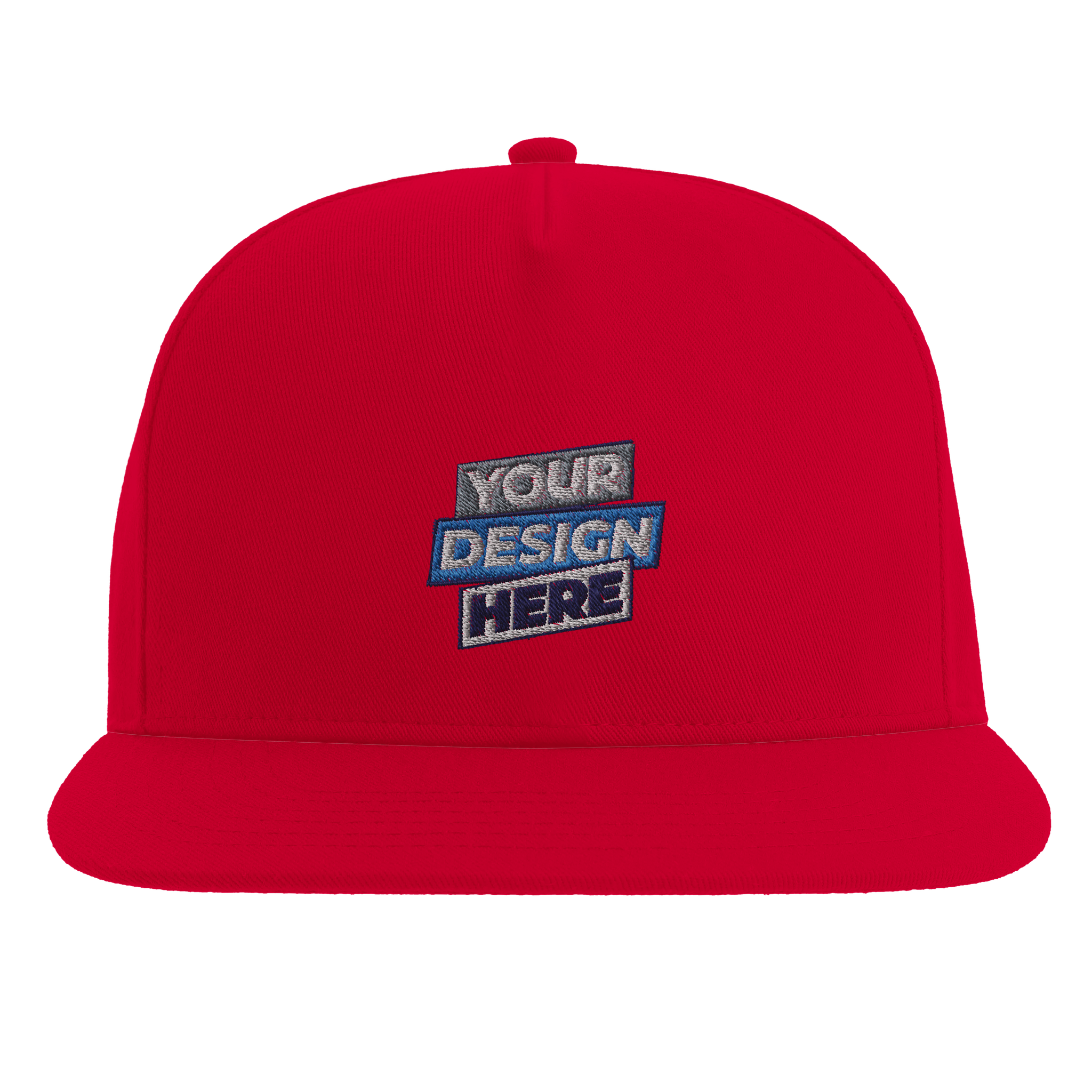 Red Yarven flat bill cap with custom design, high-profile five-panel cotton twill, adjustable snapback closure, and green undervisor.
