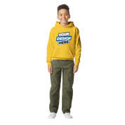Youth wearing yellow fleece hoodie with customizable design, featuring jersey-lined hood and roomy pocket, ideal for kids' daily activities.