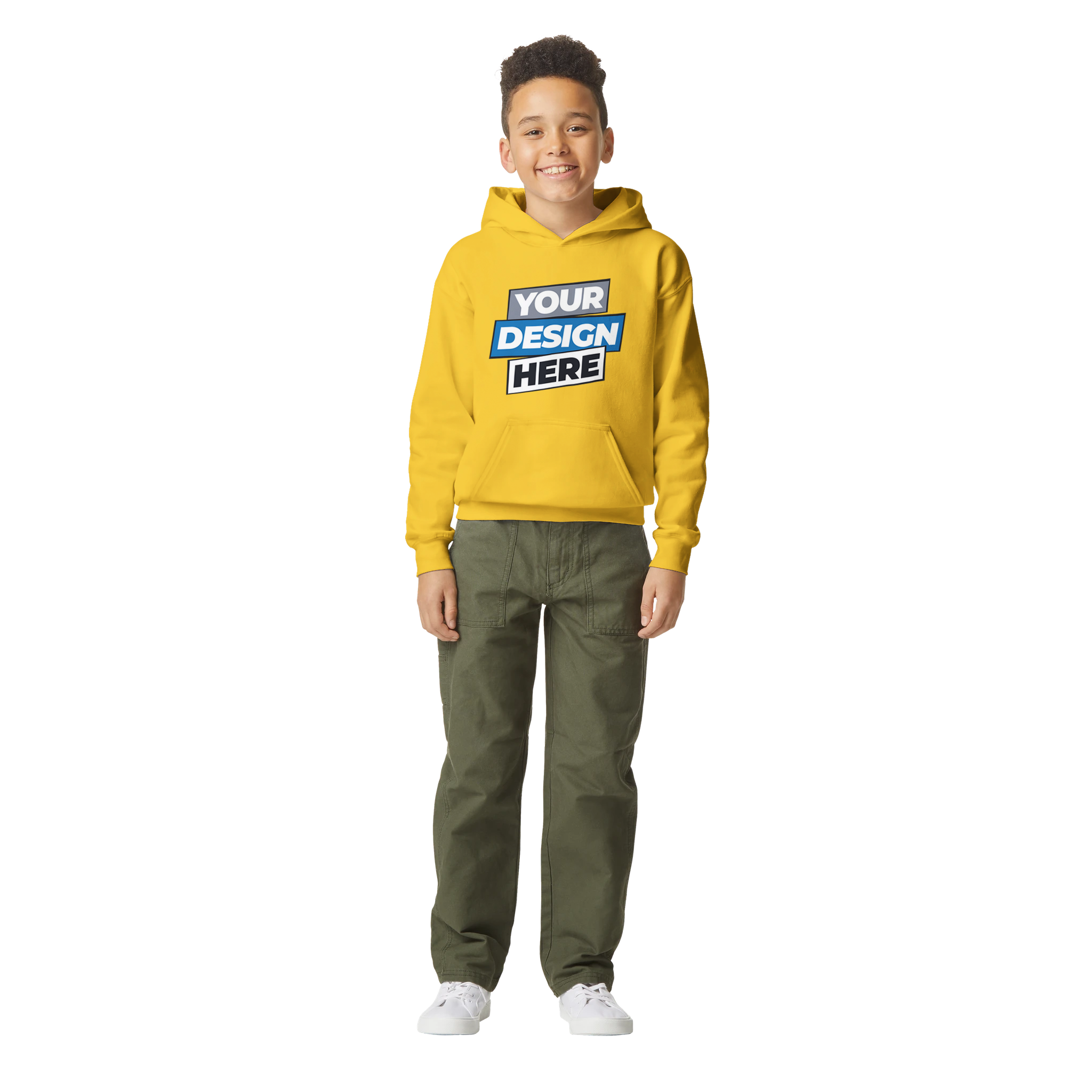 Youth wearing yellow fleece hoodie with customizable design, featuring jersey-lined hood and roomy pocket, ideal for kids' daily activities.