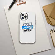 Print on Demand Gloss Tough iPhone Case with customizable design on a desk with stationery.