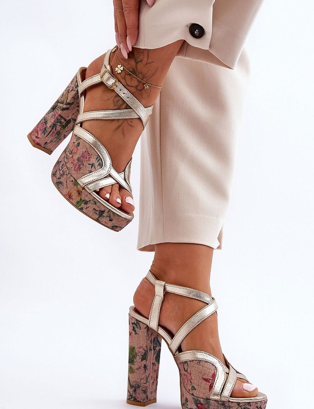 Aleris Leather Platform Heel Sandals with floral block heel, adjustable ankle strap, and soft leather insole for stylish comfort.