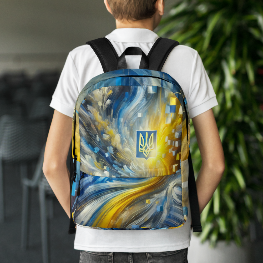 Unisex Backpack with Ukrainian Tryzub Emblem – Abstract Blue and Yellow Design, Durable Patriotic Bag for Everyday Use