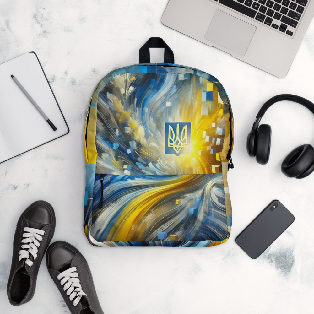 Unisex Backpack with Ukrainian Tryzub Emblem – Abstract Blue and Yellow Design, Durable Patriotic Bag for Everyday Use