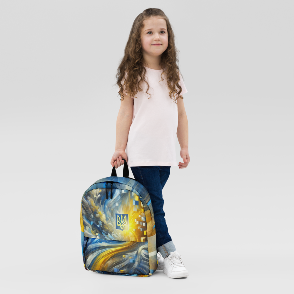 Unisex Backpack with Ukrainian Tryzub Emblem – Abstract Blue and Yellow Design, Durable Patriotic Bag for Everyday Use