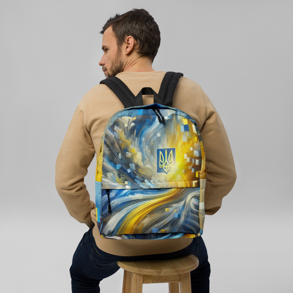 Unisex Backpack with Ukrainian Tryzub Emblem – Abstract Blue and Yellow Design, Durable Patriotic Bag for Everyday Use