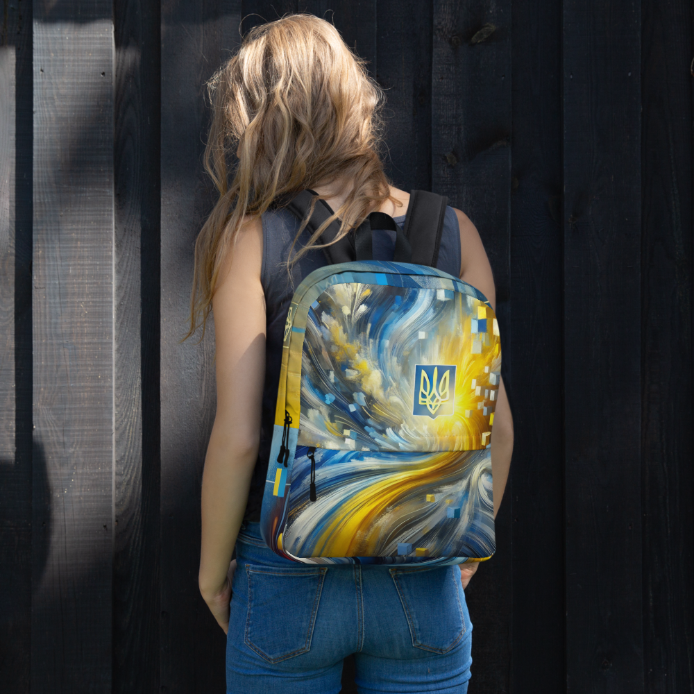 Unisex Backpack with Ukrainian Tryzub Emblem – Abstract Blue and Yellow Design, Durable Patriotic Bag for Everyday Use