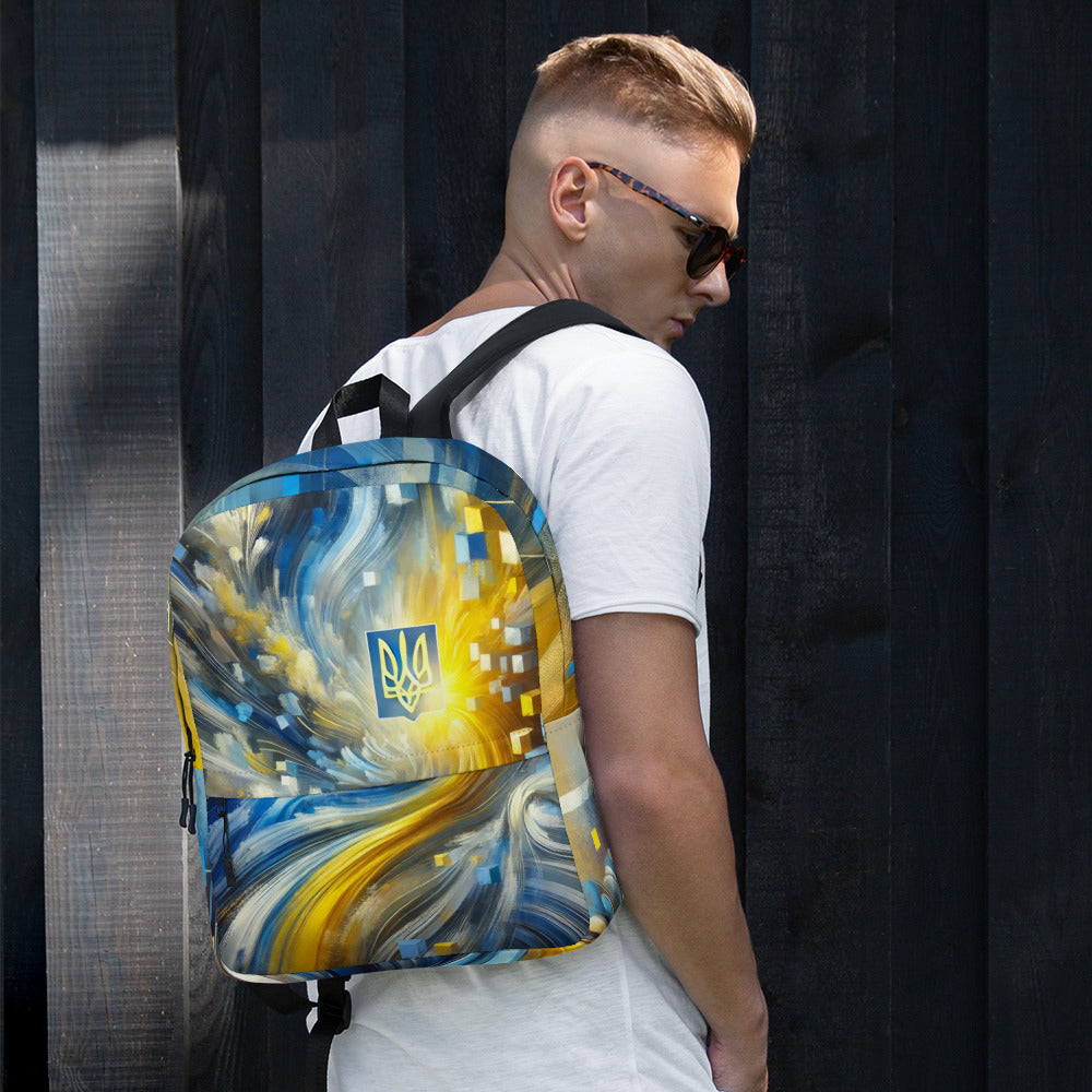Man wearing backpack with Ukrainian Tryzub emblem, featuring vibrant blue and yellow abstract design, against dark background.
