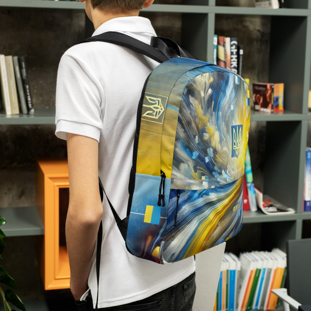 Unisex Backpack with Ukrainian Tryzub Emblem – Abstract Blue and Yellow Design, Durable Patriotic Bag for Everyday Use