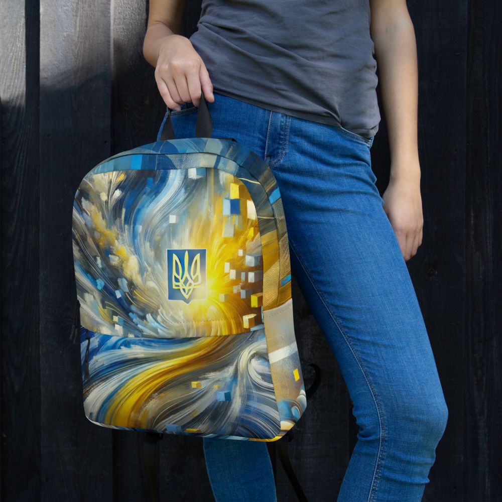 Unisex Backpack with Ukrainian Tryzub Emblem – Abstract Blue and Yellow Design, Durable Patriotic Bag for Everyday Use