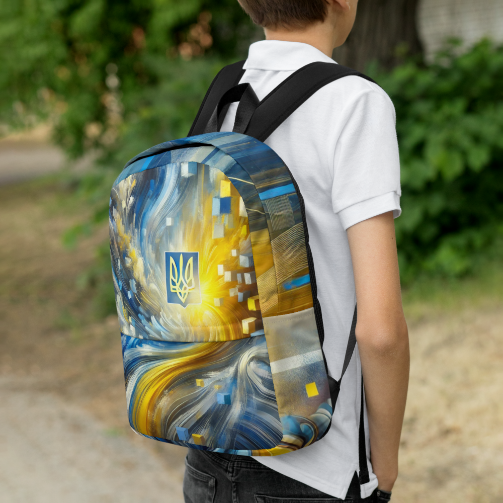 Unisex Backpack with Ukrainian Tryzub Emblem – Abstract Blue and Yellow Design, Durable Patriotic Bag for Everyday Use