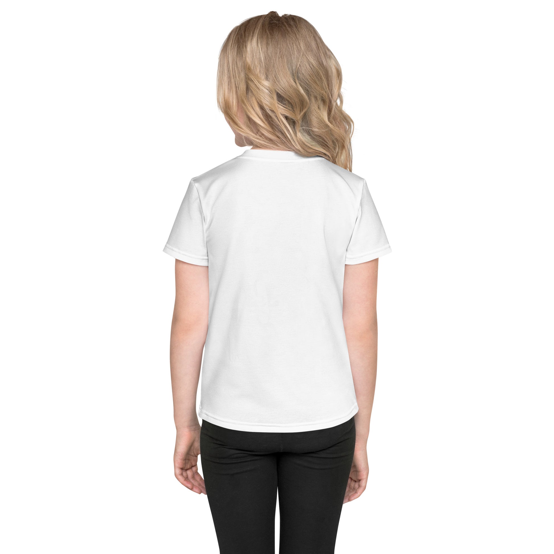 Child wearing a white crew neck t-shirt, back view showcasing premium stretch fabric for comfort and durability.