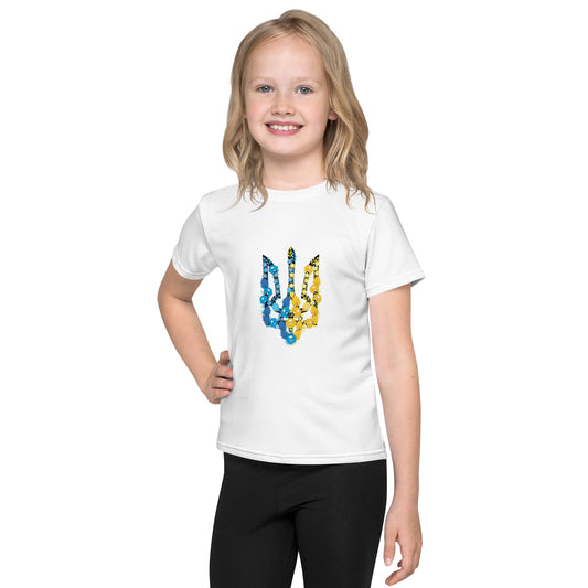 Child wearing kids crew neck t-shirt with Tryzub design, showcasing Ukrainian pride and heritage in premium stretch fabric.