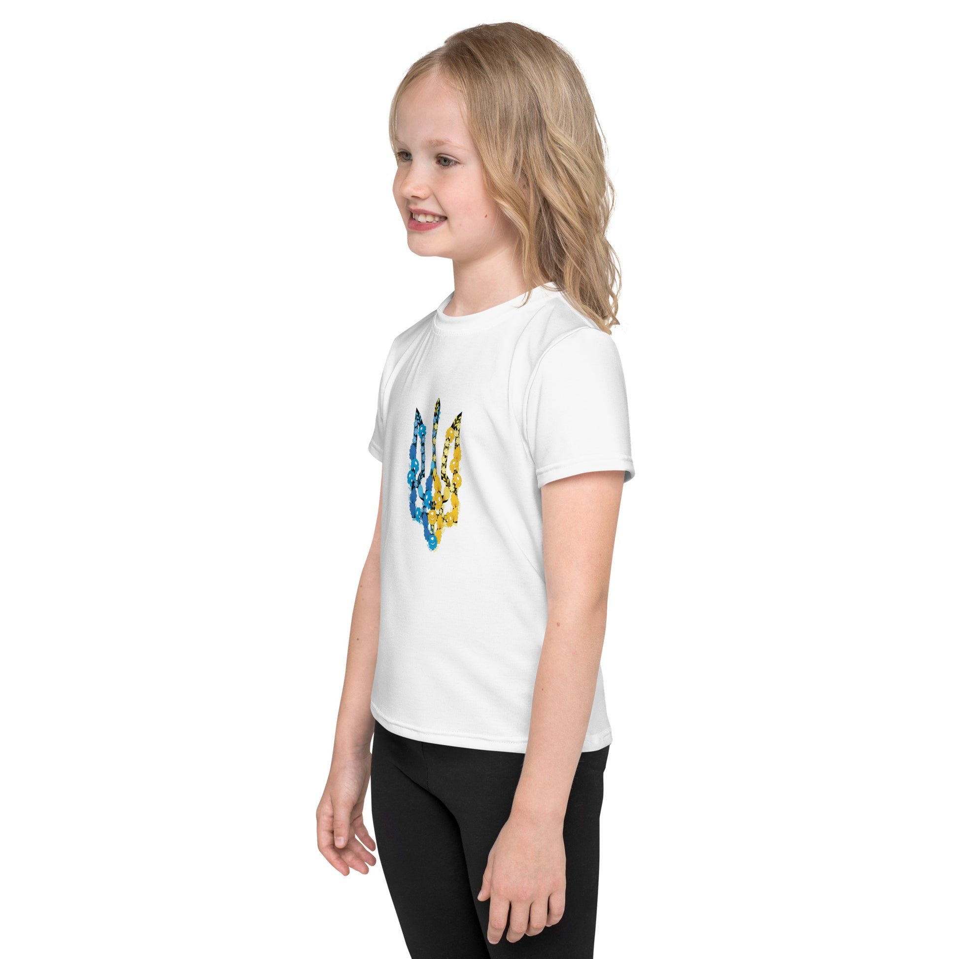 Child wearing a kids crew neck t-shirt with Tryzub emblem, showcasing Ukrainian pride and comfort in premium stretch fabric.