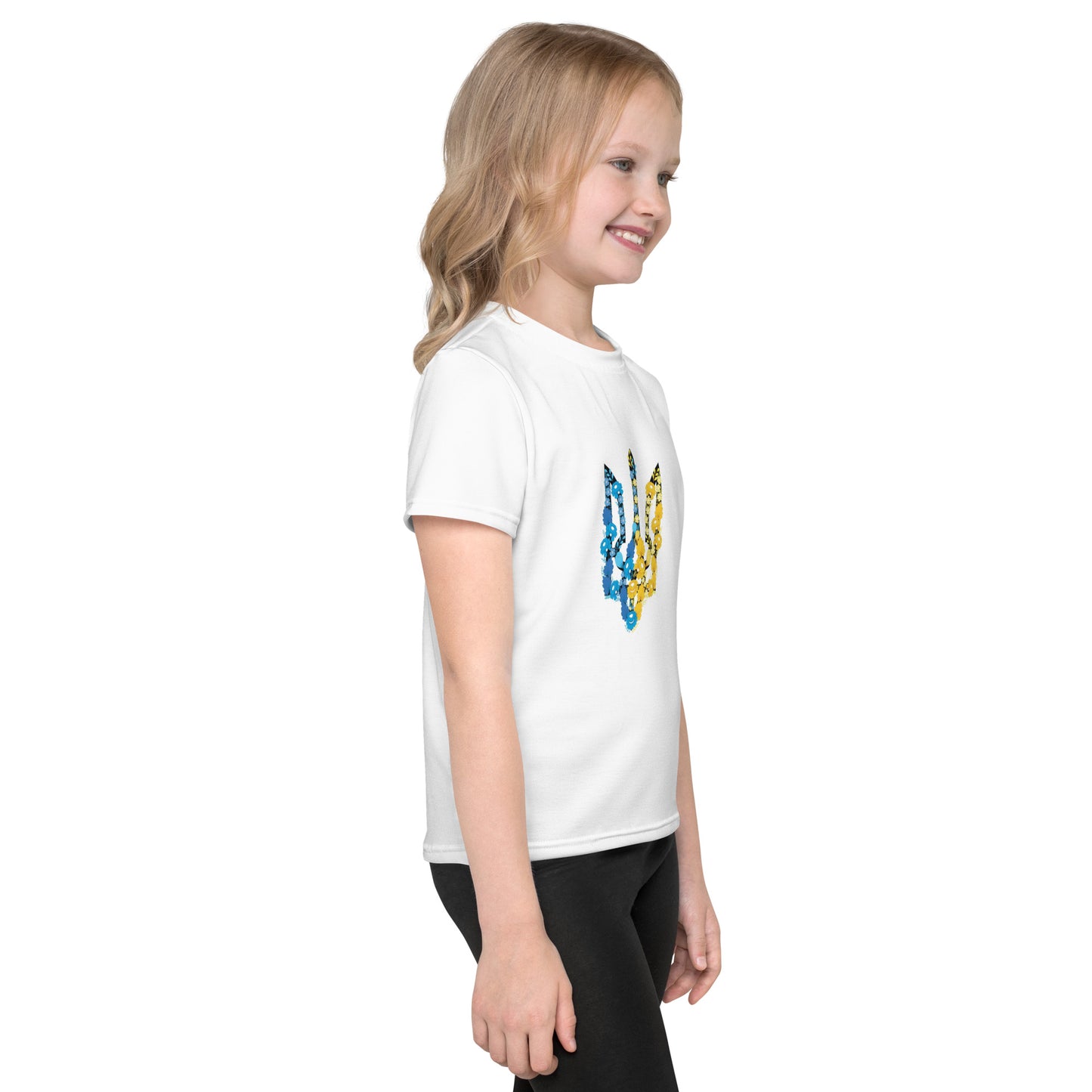 Child in white t-shirt with vibrant Tryzub design, showcasing Ukrainian pride and premium stretch fabric for comfort.