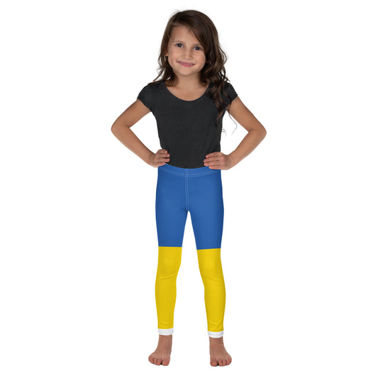 Child wearing kids' leggings with Ukrainian flag design, showcasing vibrant colors and comfortable fit for active play.