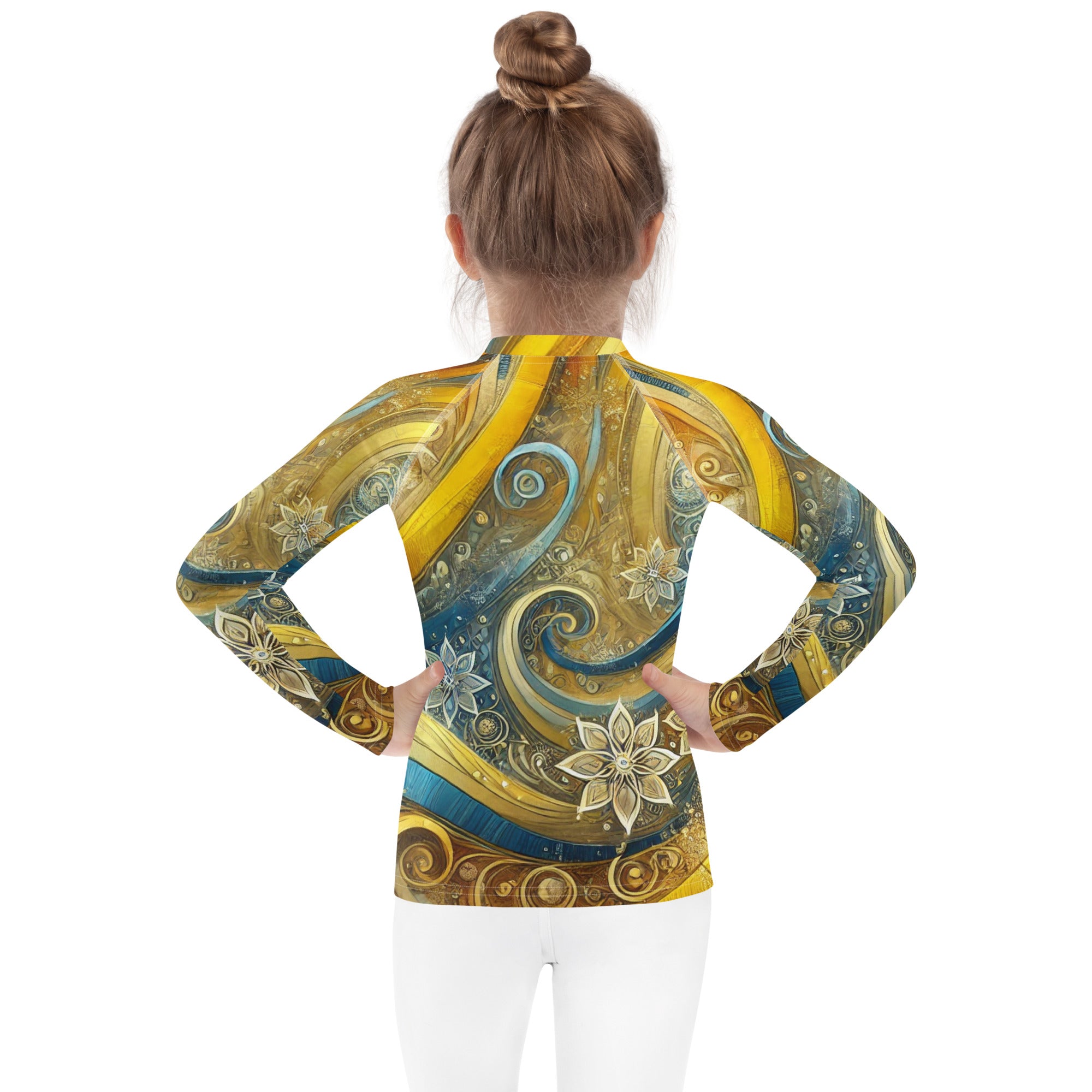 Child wearing colorful Ukrainian abstract design kids rash guard with long sleeves and UPF 50+ sun protection, rear view.