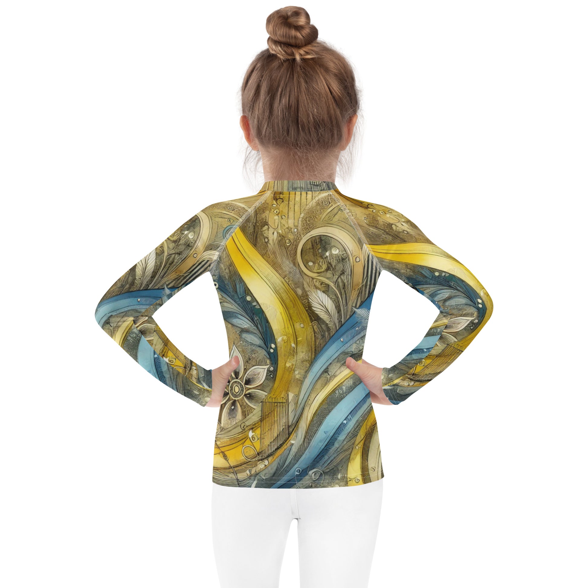 Child wearing kids rash guard with vibrant Ukrainian abstract design, UPF 50+ fabric for sun protection, ideal for outdoor play.