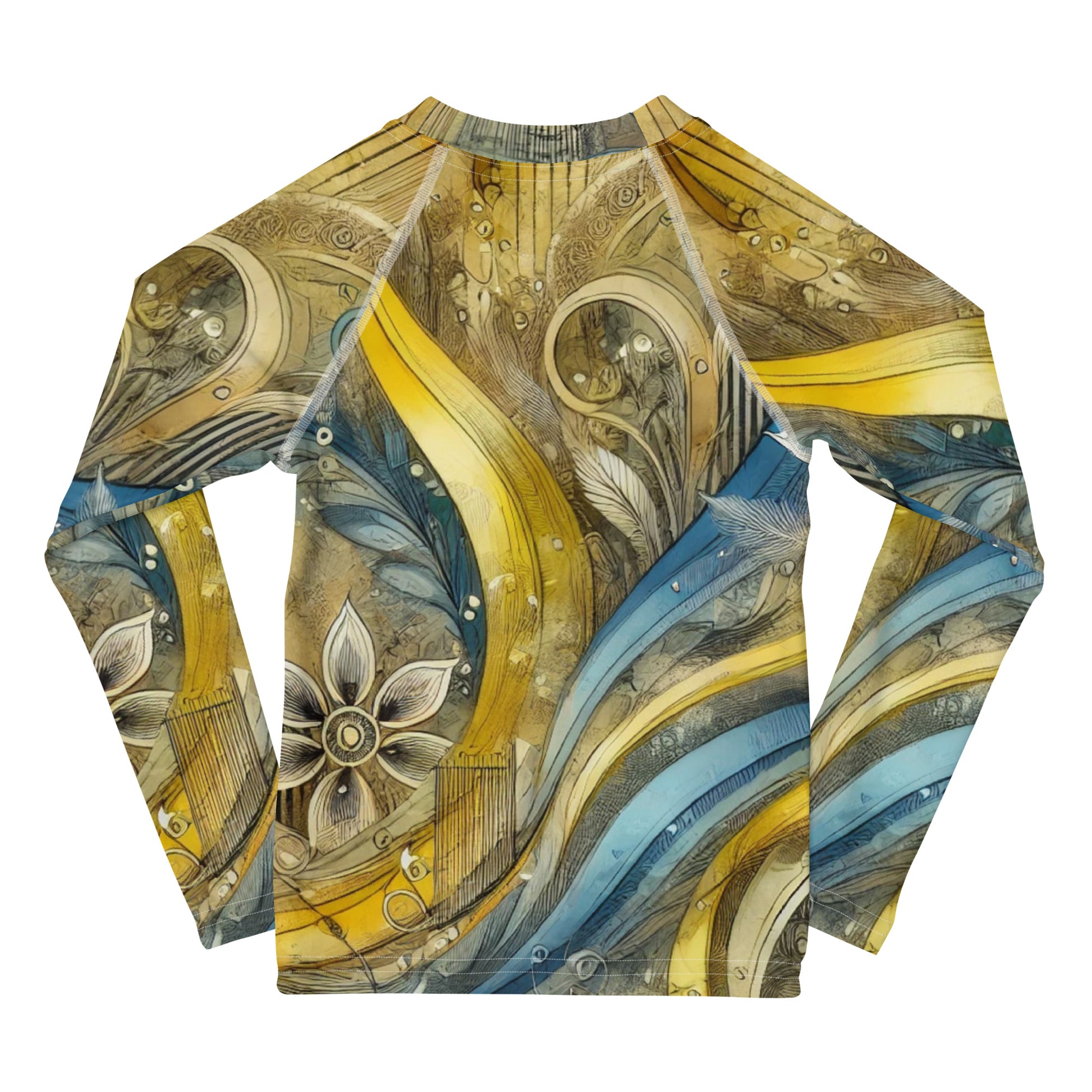 Kids rash guard with Ukrainian abstract design in blue and yellow, featuring long sleeves for sun protection and style.