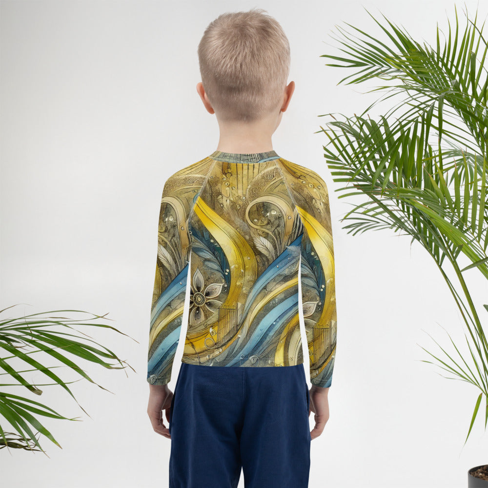 Child wearing kids rash guard with Ukrainian abstract design, featuring UPF 50+ sun protection and long sleeves for outdoor play.