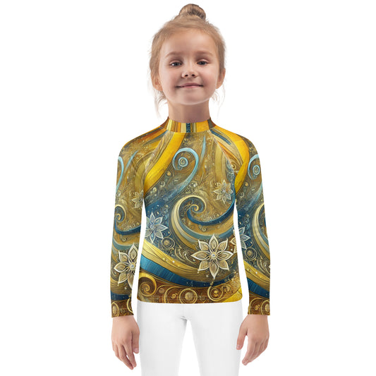 Child wearing kids rash guard with vibrant Ukrainian abstract design, long sleeves, and UPF 50+ protection.