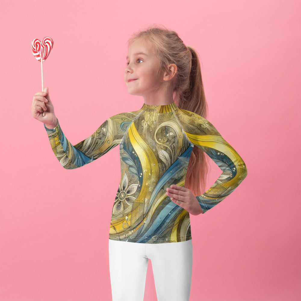 Girl in Ukrainian abstract design kids rash guard holding a lollipop, wearing sun-protective clothing for active play.