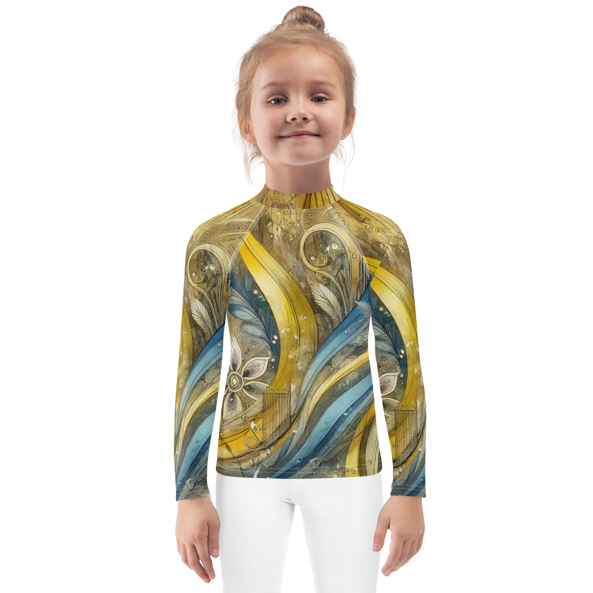 Child wearing a kids rash guard with Ukrainian abstract design, featuring long sleeves and vibrant colors for sun protection.