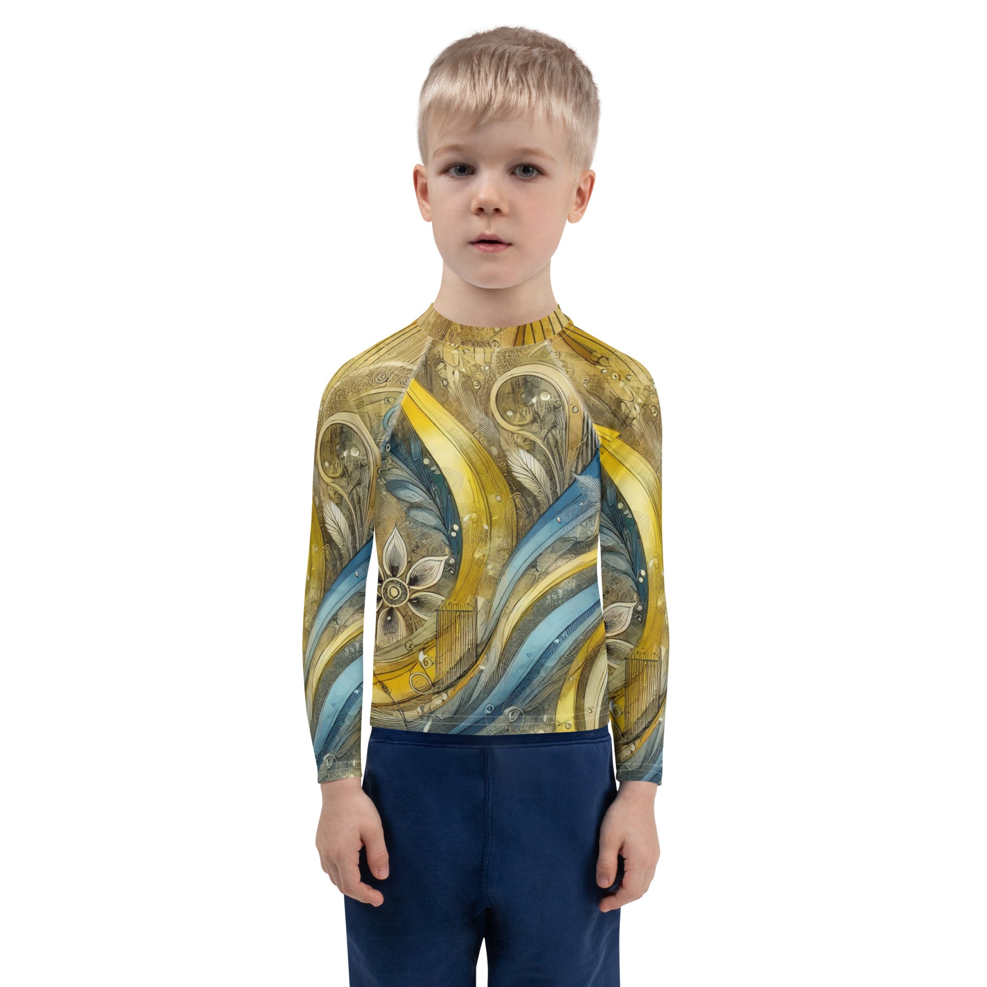 Child wearing kids rash guard with Ukrainian abstract design for sun protection.