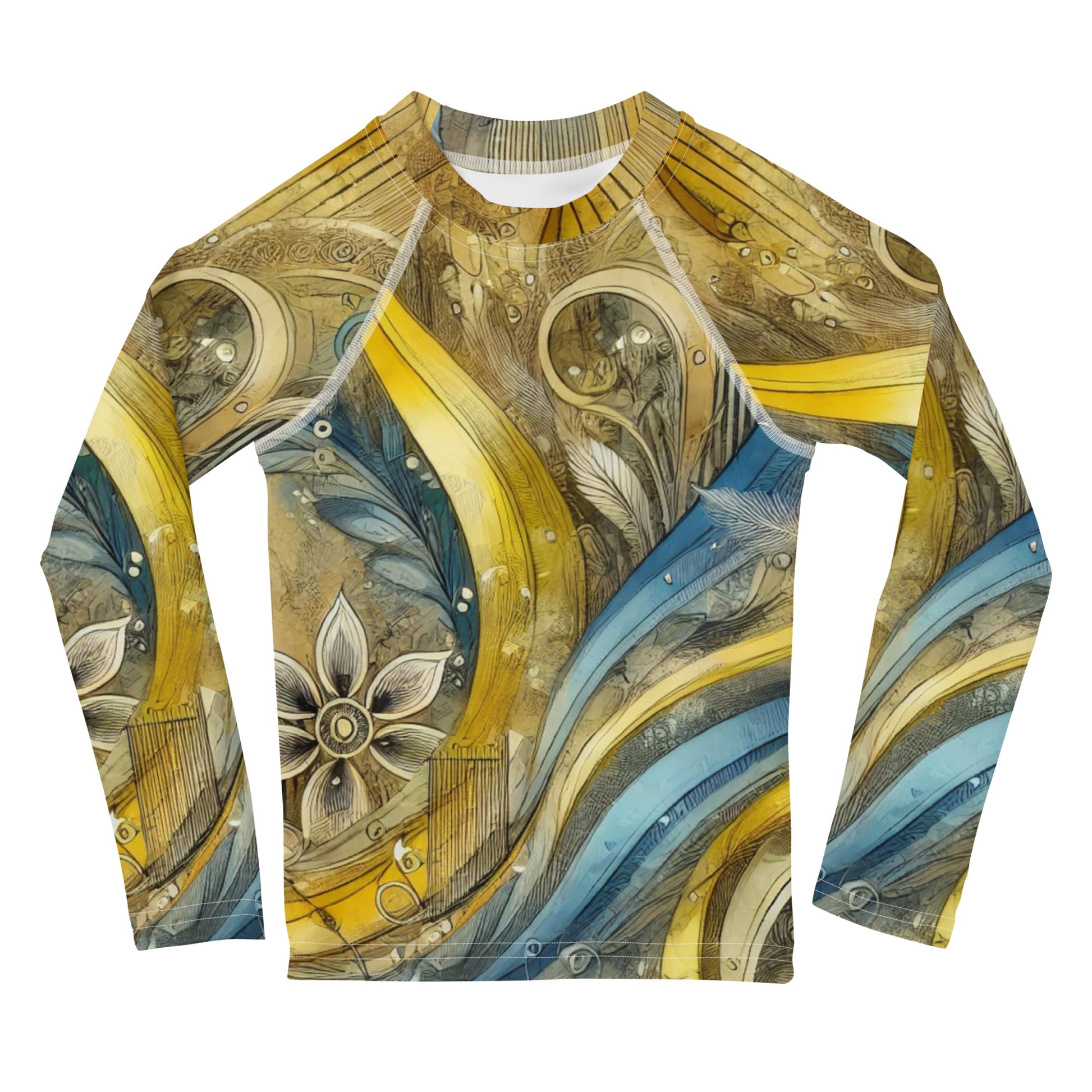 Kids rash guard with vibrant Ukrainian abstract design and UPF 50+ protection, ideal for beach and active play.