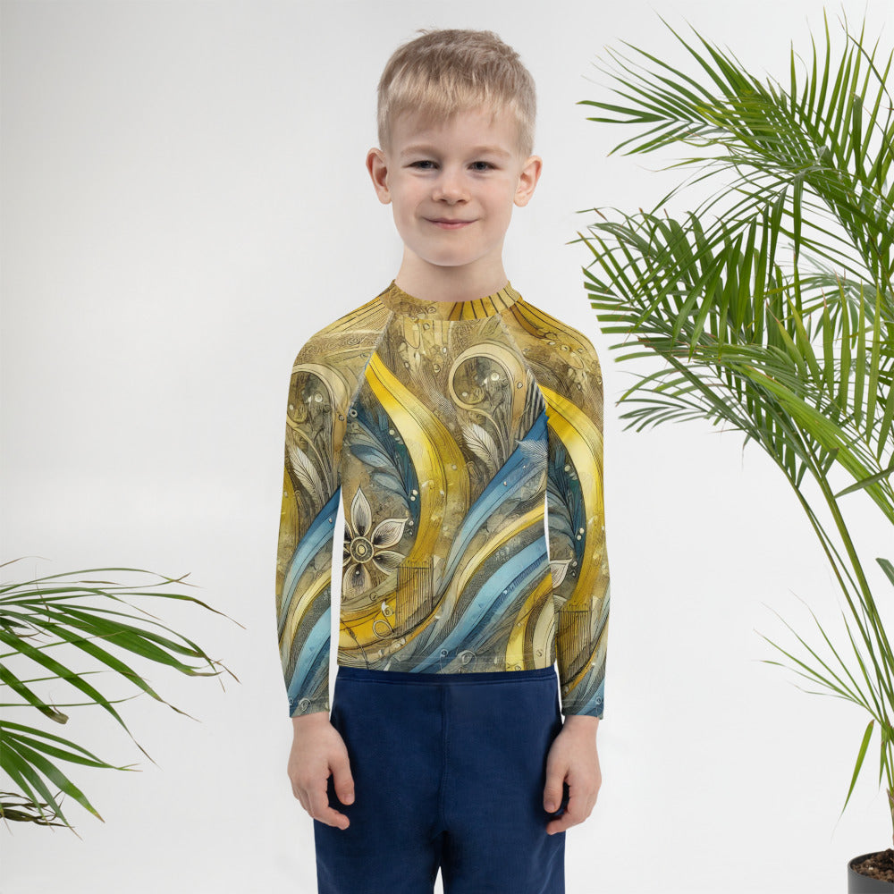 Child wearing kids rash guard with Ukrainian abstract design and UPF 50+ sun protection, standing among green plants.