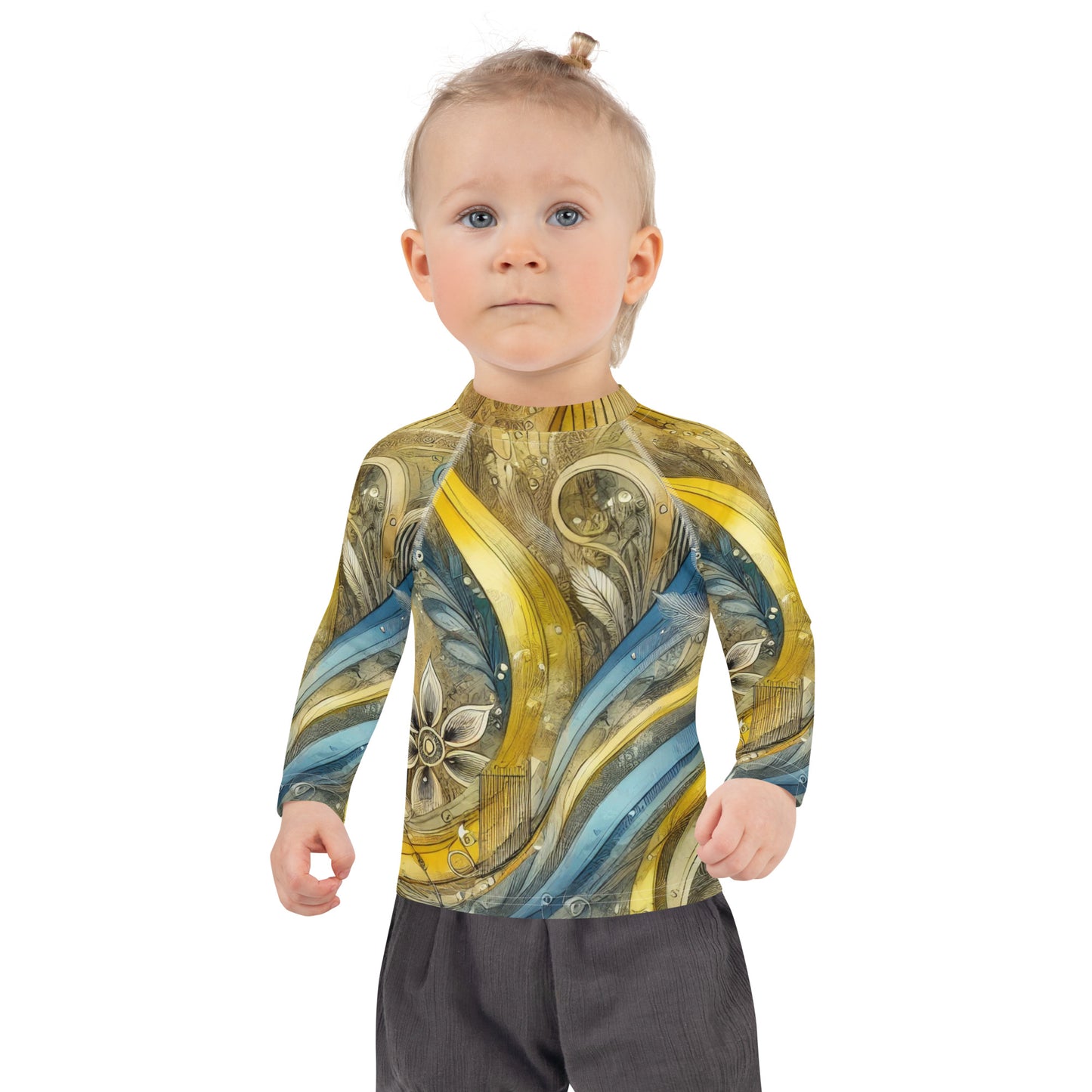 Child wearing kids rash guard with vibrant Ukrainian abstract design and long sleeves for sun protection.