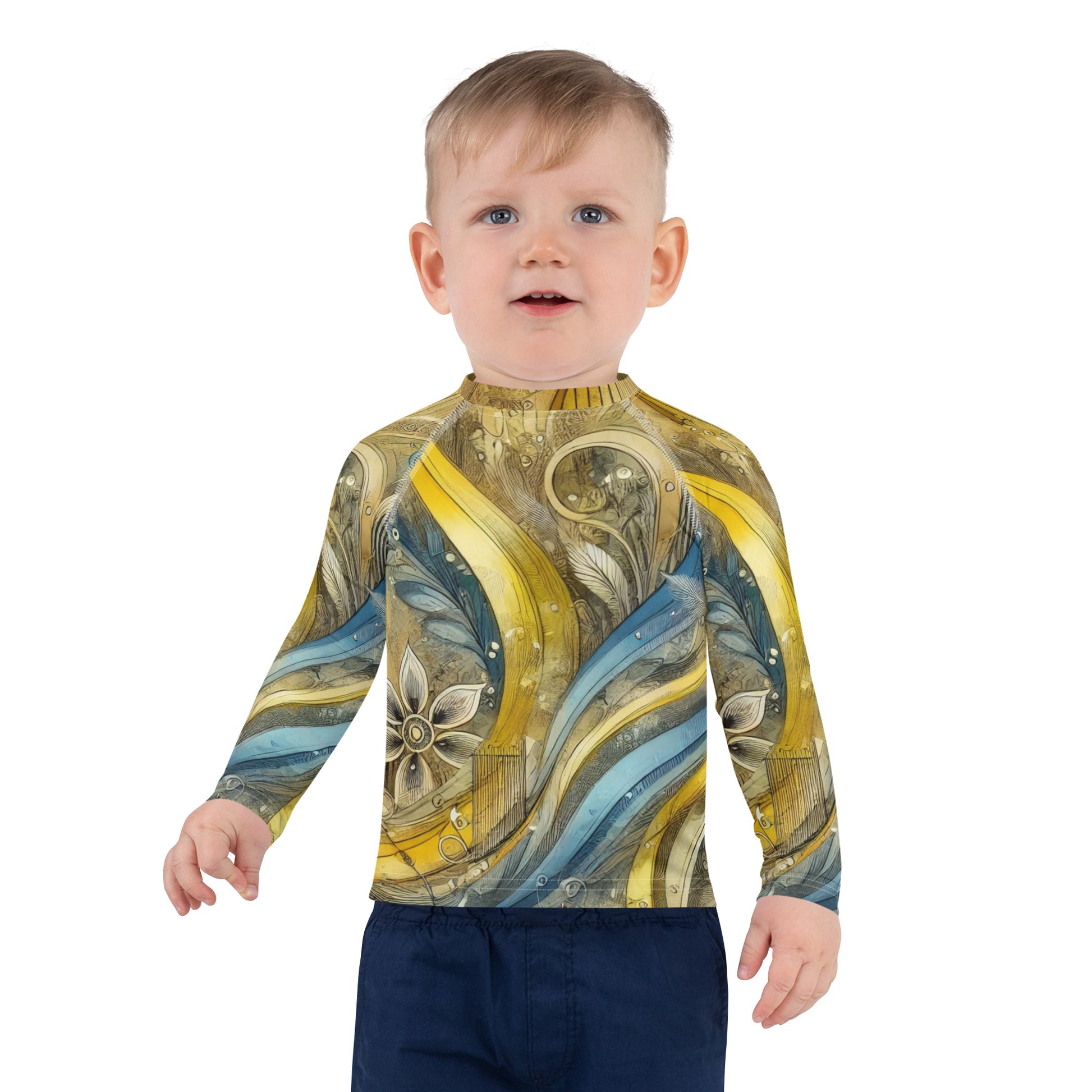 Child wearing a colorful Ukrainian abstract design rash guard with long sleeves, providing UPF 50+ sun protection.