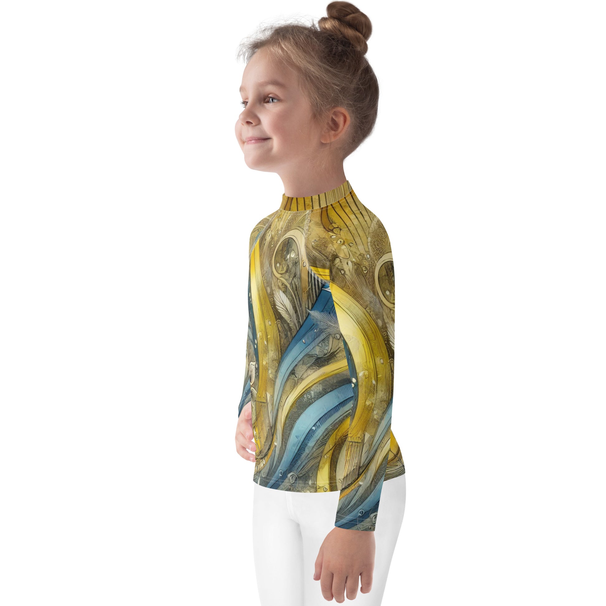 Child wearing kids rash guard with vibrant Ukrainian abstract design, long sleeves, and UPF 50+ fabric.