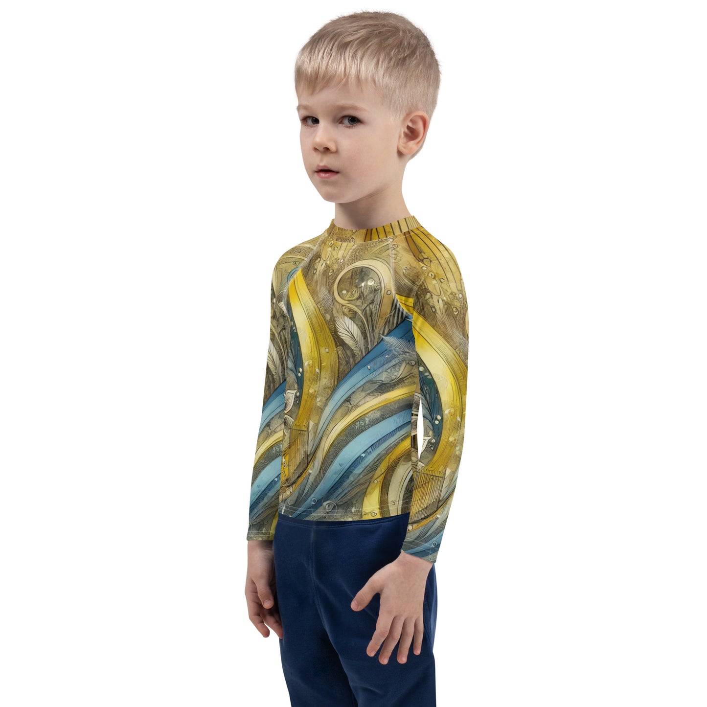 Child wearing colorful Ukrainian abstract design rash guard with long sleeves, ideal for sun protection and outdoor play.