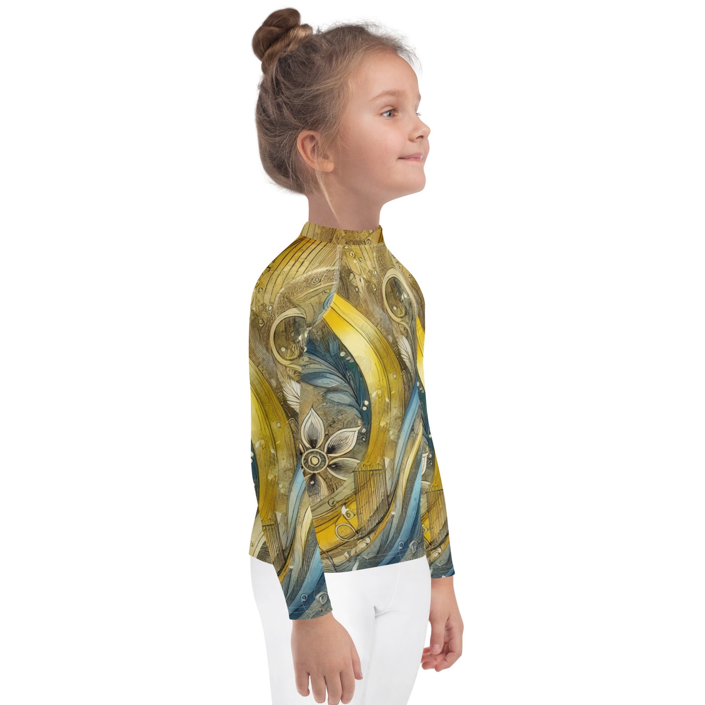 Child wearing kids rash guard with Ukrainian abstract design, featuring vibrant colors and long sleeves for UPF 50+ sun protection.