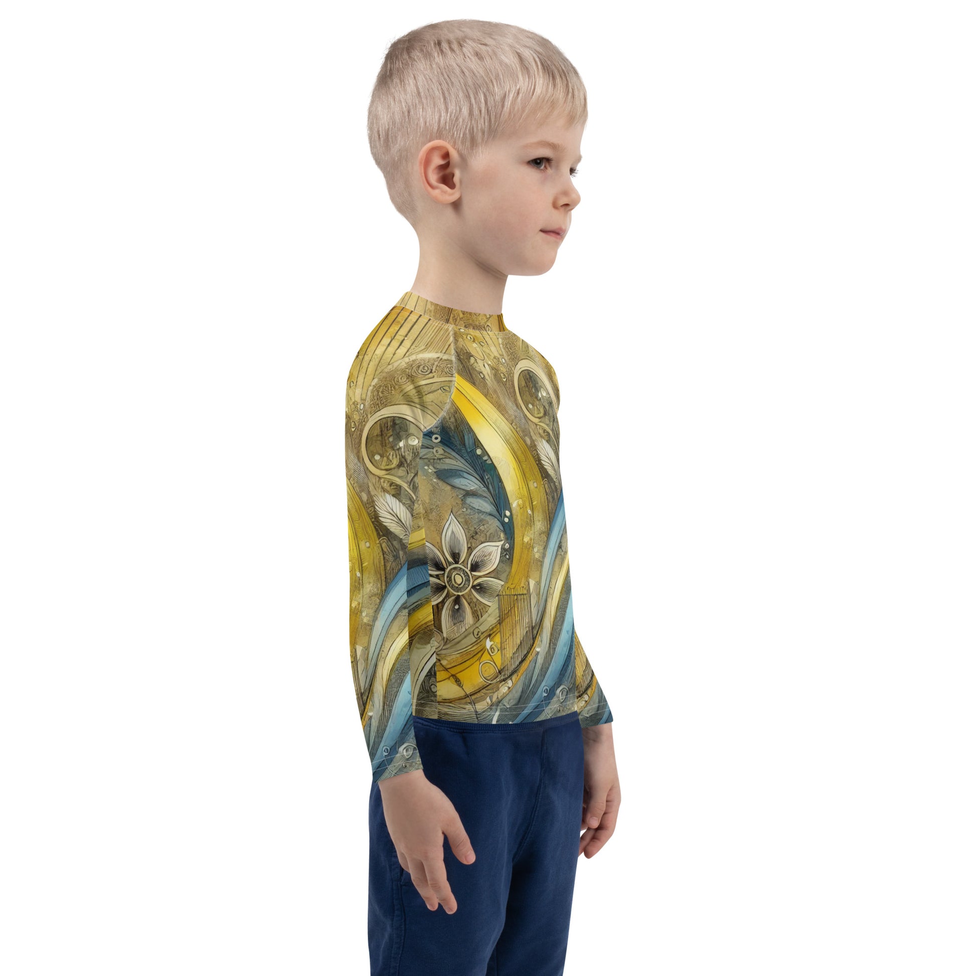 Child wearing a colorful Ukrainian abstract design rash guard with long sleeves, offering UPF 50+ sun protection.