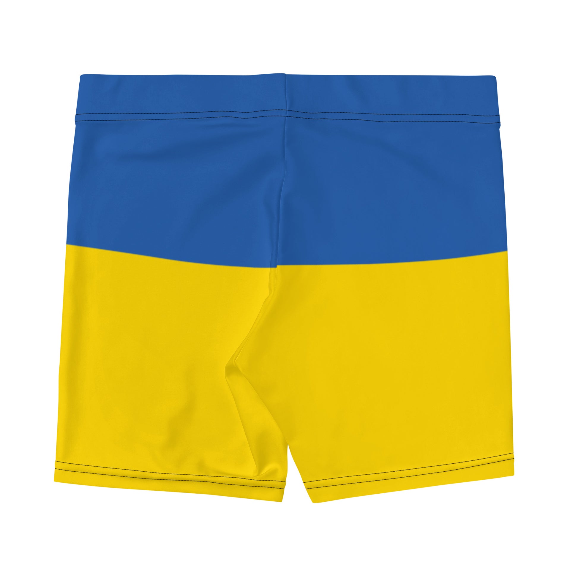 Vibrant Ukrainian Flag shorts with blue and yellow design from the Ukrainian Vibe Trizub Collection, made of stretchy microfiber fabric.