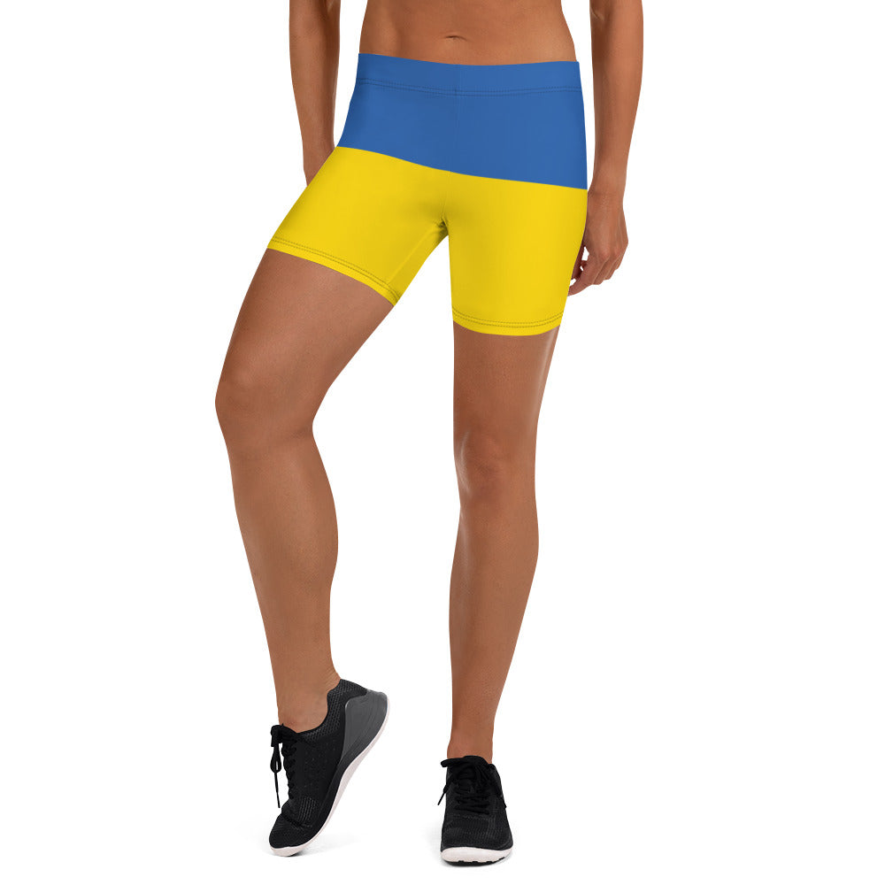 Ukrainian Flag shorts with blue and yellow design, four-way stretch microfiber fabric, from Ukrainian Vibe Trizub Collection.